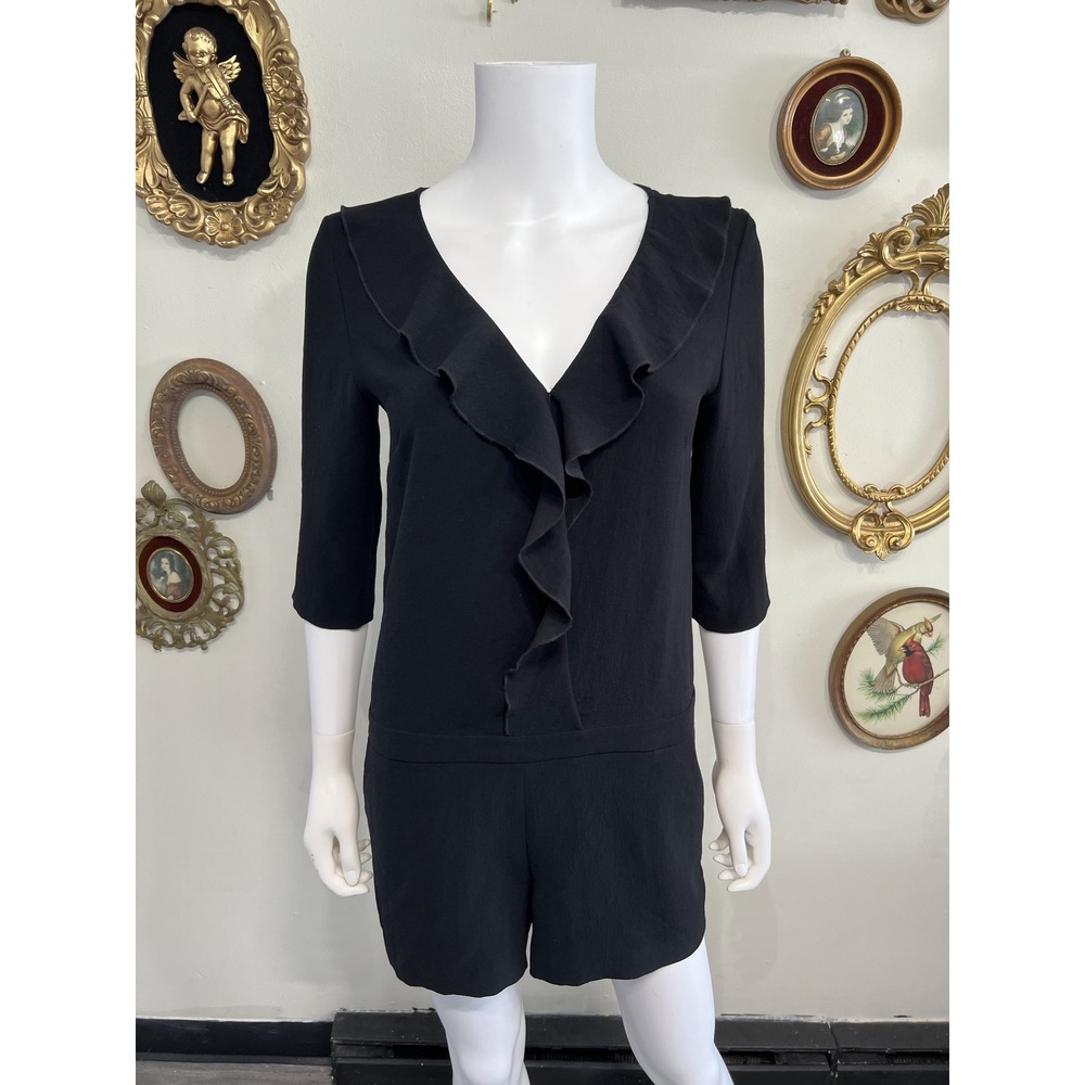ba&sh Paris Black Ruffle Trim V-Neck Short Sleeve Romper Size Small / 1